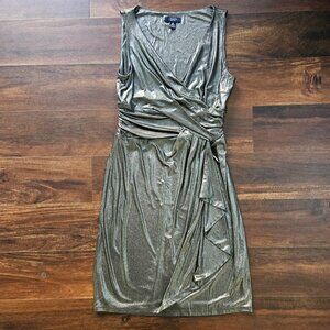 Chaps silver metallic faux wrap dress size med. glam cocktail evening flattering